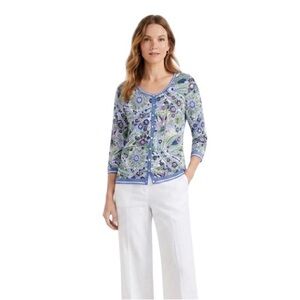 Talbots Paisley Floral Button Front Cardigan Sweater XL Blue Mature Coastal Chic